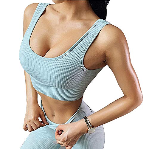 Hotexy Women\'s Workout Outfit 2 Pieces Seamless Yoga Leggings with Sports Bra Gym Clothes Set Light Blue