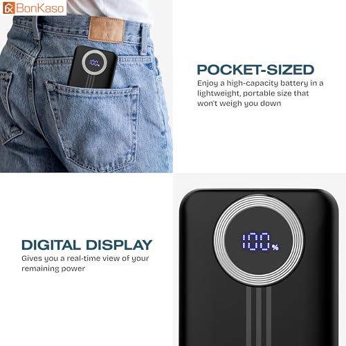 Image of BonKaso 10000mAh Power Bank 22.5W PD Fast Charging with Built-in 2-in-1 Type C & Lightning Cable, Digital Display, Dual USB Output, Compact Portable Charger for Android, iPhone, Tablets - Black