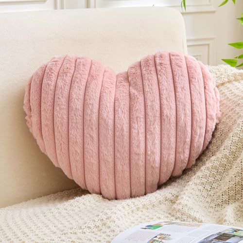 XVTRU Heart Pillows Heart Decorative Pillow Soft Fluffy Heart Shaped Dusty Pink Throw Pillows with Faux Rabbit Fur Aesthetic Room Decor Cute Small Pillow for Valentines Mothers Day