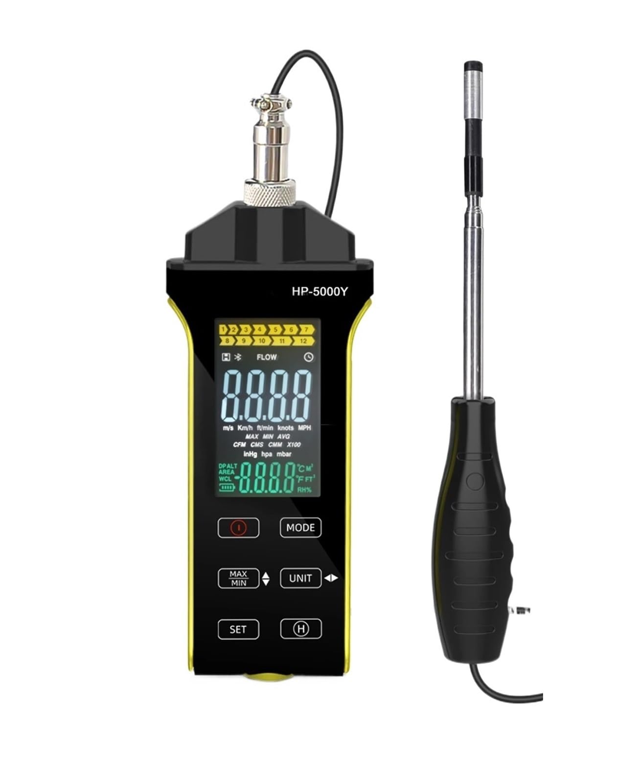 Anemómetro, Anemómetro digital de hilo caliente, medidor velocidad del viento for climatización (HVAC), mide la aire (0,1-30 m/s, CFM/CMM) y el caudal
