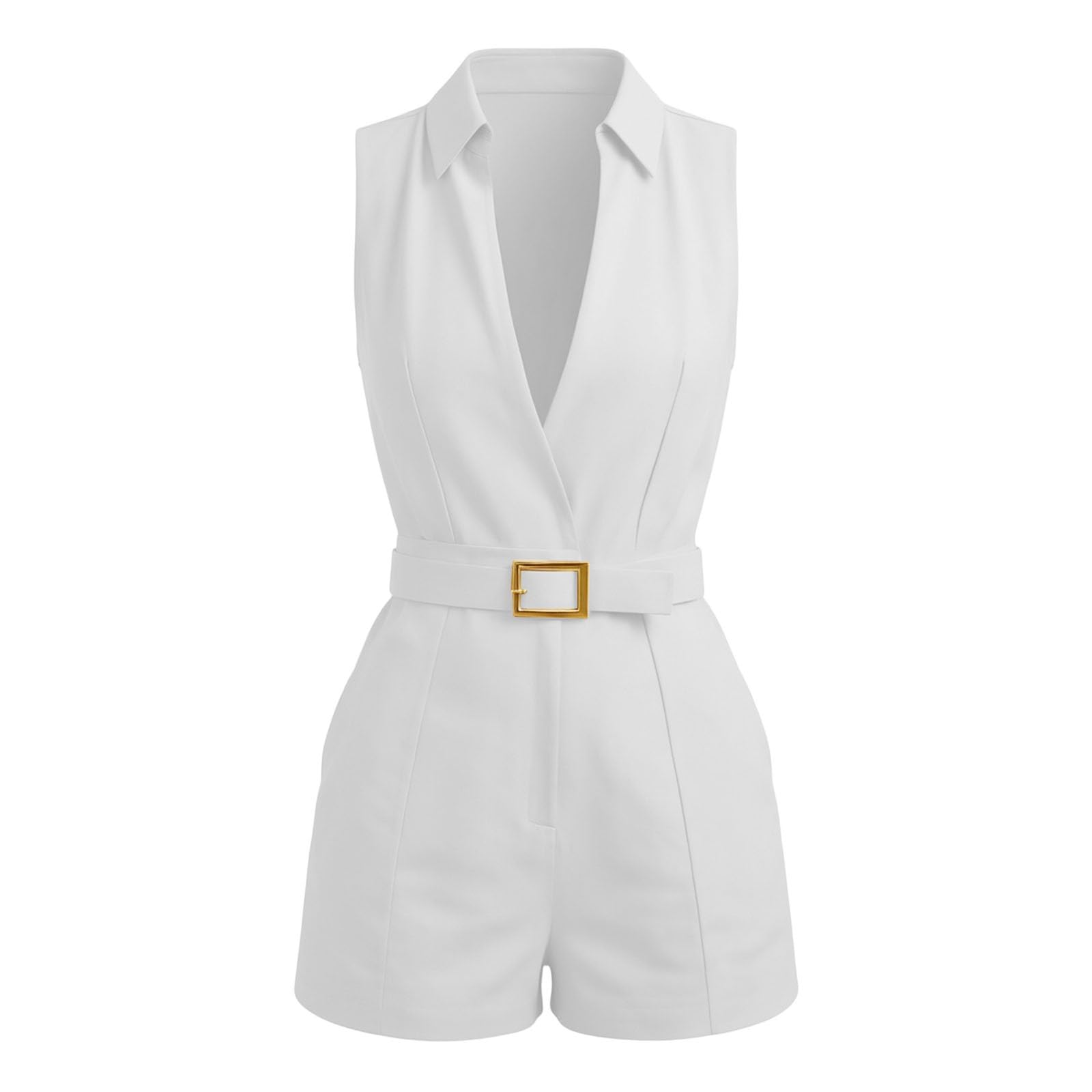 Générique Combinaison Femme Ete Combinaison sans manches fluide avec ceinture pour l'été, combishort moderne à col montant et poches, tenue décontractée et élégante