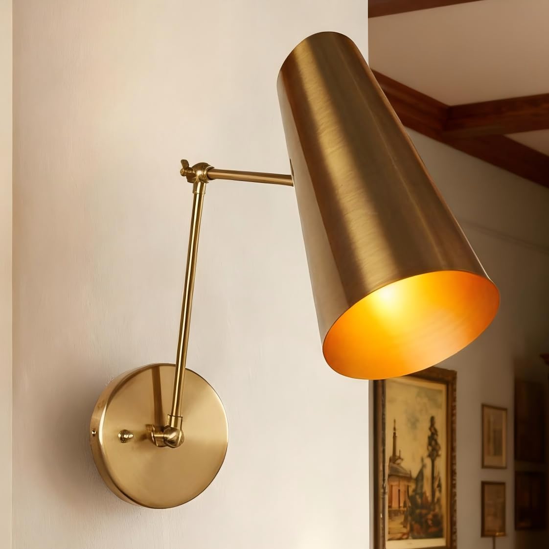 9.75" Elegant Articulating Mid-Century Modern Metal Sconce, Multi-Color Available, Streamlined Design Metal Wall Light for Living Room, Lounge Room, Sitthing Room, Hardwire (Brass Pole with Brass)