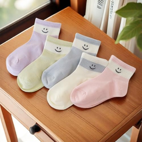 Baby Toddler Mesh Socks with Smiley Faces，Boys Girls White Breathable Summer Kids Ankle Socks,5 Pack4
