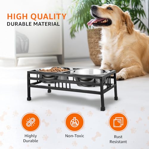 Image of amazon basics, Pet Feeder | Stainless Steel Food & Water Bowls with Stand | Dog Bowls | Elevated Double Diner with Stand | Large Size (1600 ml x 2 Bowl) (Black)