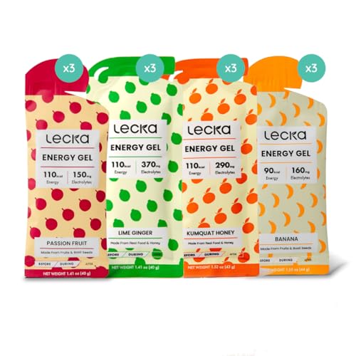 Image of Lecka Natural Energy Gels - Maltodextrin-Free Running Fuel for Sensitive Stomachs - 27g Carbs from Real Fruit & Basil Seeds - High-Electrolyte Marathon & Ultra (Variety Pack - Four Flavors)
