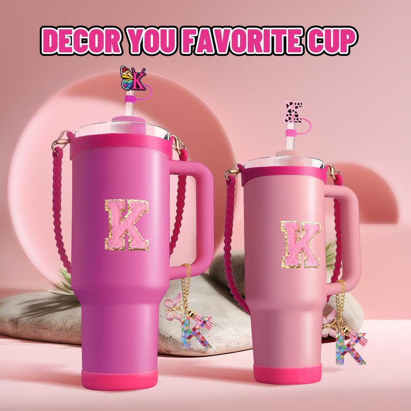 ZYBIDEAL 8PCS Accessories Set for Stanley Cup, 3PCS 0.4 IN Letter Straw Cover, 1PC Silicone Bottle Handle, 1PC Boot for Stanley 30&40 Oz, 1PC Initial Charm, 1PC Initial Sticker (Letter K, Rose)