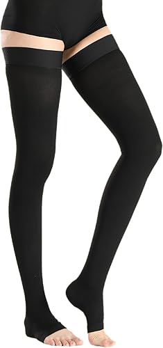GLEMOSSLY Medias de compresión médicas altas hasta el muslo para mujeres y hombres, puntera abierta, 20-30 mmHg, manguera de compresión firme de