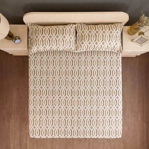 Image of Swayam Roto Cotton King Bedsheet with 2 Pillow Covers | Size 108 x 108 inch | 144 TC | Geometric Design | Soft Breathable Bed Sheet | Comfortable & Durable for Bedroom - Light Brown