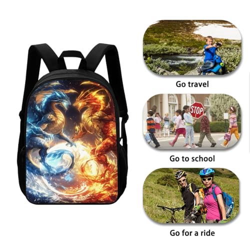 Cool Dragon Boys Backpack 3 Piece Set for 4-8T Kids School Bag,Flame Bookbag for 1St 2Nd Children Daypack 17 Inch Daypack with Water Bottle Lunch Bags for Travel3