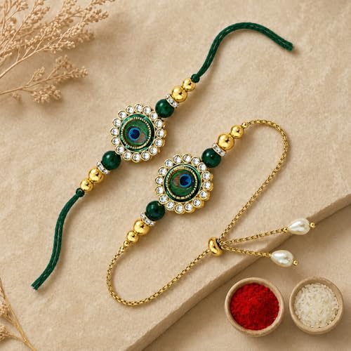 Image of Riddhika Ventures Glorious Gold Plated Kundan and Peacock Bhaiya Bhabhi Rakhi Set with Roli Chawal and Greeting Card