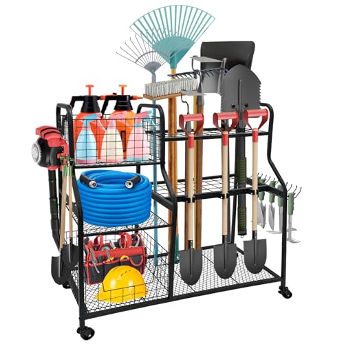 WaifaYie Gartenwerkzeug-Organizer mit 3 Ebenen & Rädern – Stabile Gartengeräte-Aufbewahrung mit Haken & Aufhängung für Garage, Schuppen, Hof & Kellergarage