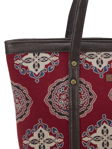 Image of NEPRI Printed Office Tote Bag | Laptop Bag 15.6 inch | Stylish Tote Bags for Office Use | Purse for Women | Vegan Leather & Handblock Printed Fabric Handbag | Daily & Travel Use