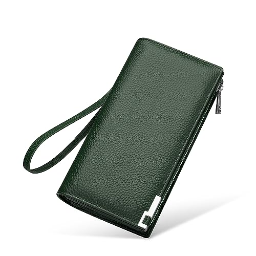 VANNANBA Mens Real Leather Long Wallet RFID Blocking Multi Credit Card Large Capacity Zipper Travel Clutch Wristlet,Green3