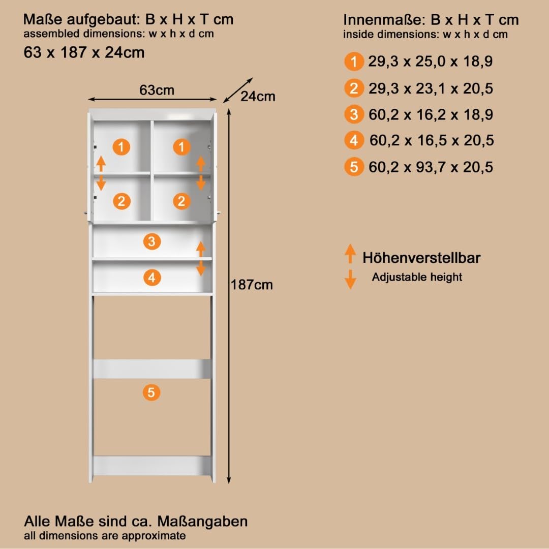 trendteam smart living - Amanda - Waschmaschinenüberbau - Weiß/Weiß Hochglanz - 2 offene Fächer + 3 Einlegeböden - (BxHxT) 63 x 187 x 24 cm - kratzfest