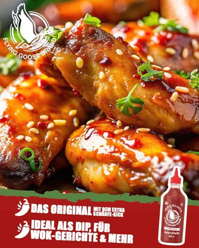 FLYING GOOSE Sriracha Chilisauce, mit extra Chili, sehr scharf, rote Kappe, sehr scharfe Würzsauce aus Thailand, 1 x 455 ml