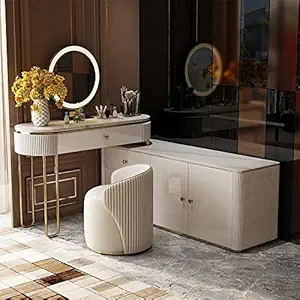 Vandana Interiors Modern Marble Top Makeup Vanity Dressing Table with Corner Cabinet