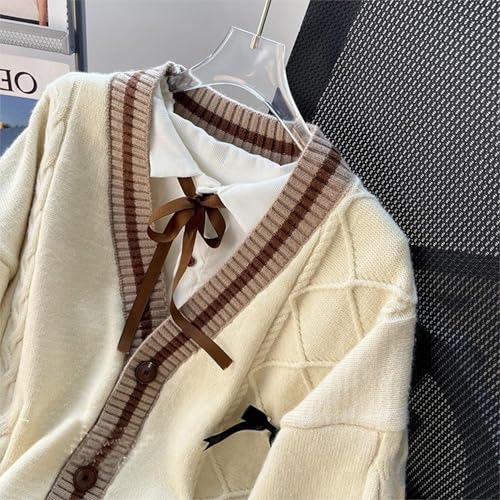 Womens Cute Sweet Cardigan Sweater Long Sleeve V-Neck Bowknot JK School Uniform Cardigans Knitted Sweaters4