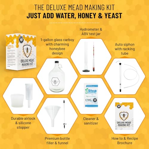 Image of Complete Mead Making Kit for Beginners - Home Brewing Starter Kit - Includes 1 Gallon Glass Jug Carboy - Alcohol Hydrometer for Alcohol Test - Auto Siphon - Airlock - How to Guide and More