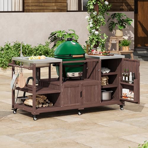 Image of Merax 75.4 inch Outdoor Grill Table for Big Green Egg, Outdoor Grill Cart with Sink, Solid Wood Grill Station Prep Table with with Stainless Steel Tabletop and Storage for Pizza Prep & BBQ,Brown