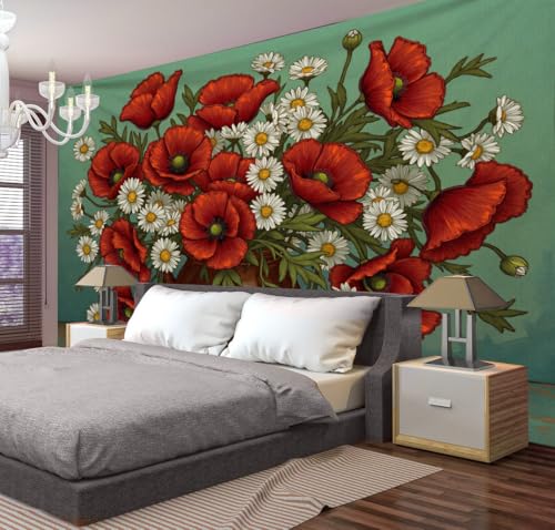 CEDNXOER Tapiz de Pared Amapola Margarita Ilustración, Tapices de Tela Poliéster, Tapiz para Colgar Flores Tarro Cerámica, Tapices Decorativos para Dormitorio Sala de Estar Casa Ufficio, 140 × 90 cm