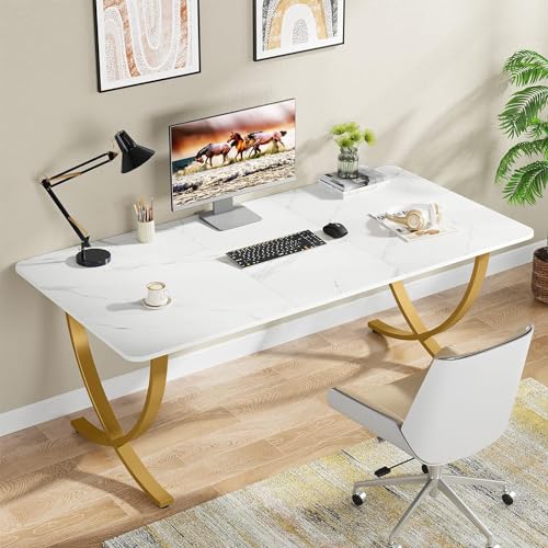 Image of Tribesigns Executive Desk, 63 inch W x 31.5 inch D Large Office Desk, Modern Computer Desk Conference Table Meeting Room Table, Business Furniture for Home Office, White and Gold