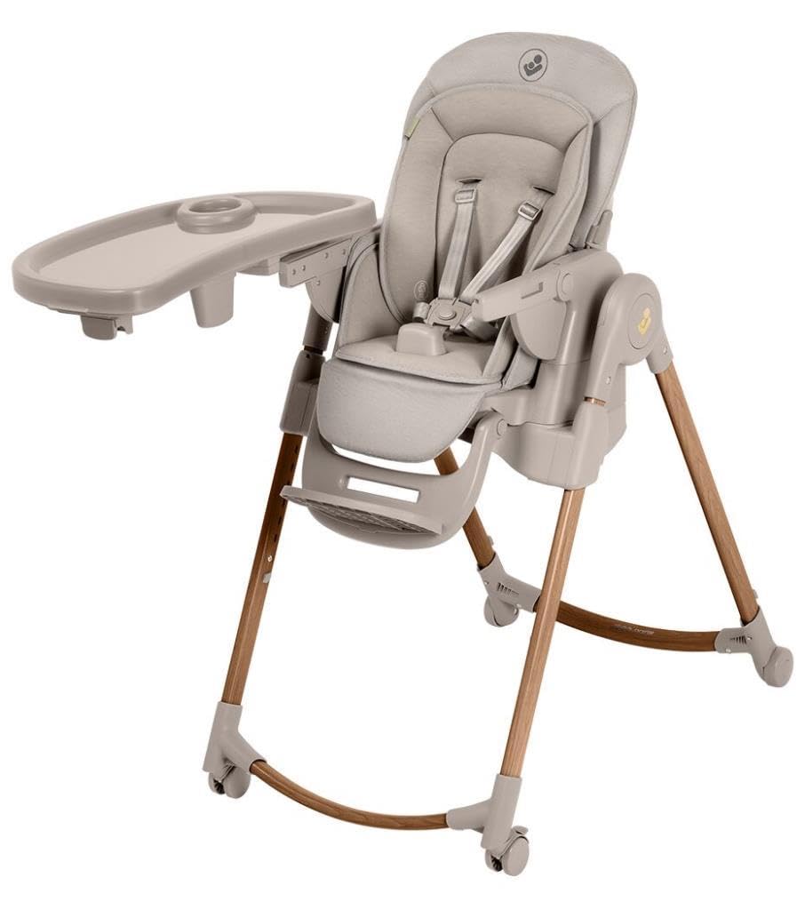 Maxi-Cosi Minla Plus, chaise haute évolutive de 0 à 14 ans (0–60 kg), avec plateau pivotant à une main, 4 roues, 9 hauteurs, 5 inclinaisons, pliable compact, Elegance Beige.