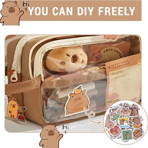 Image of Cute Capybara Pencil Case, Stationery Pouch Set with 10 Stickers+2 Brooches+1 Doll+2 Clip+1 Notepad+1 Keychain+4 Pens, Cartuchera De Capibara