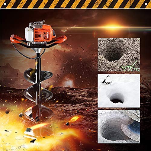 63CC 3.4HP 2 Stroke Gas Powered Auger Post Hole Digger with 2 Earth Auger Drill Bits 6" & 10" + 3 Extension Rods for Farm Garden Digging/Drilling/Planting (Subcontract delivery)