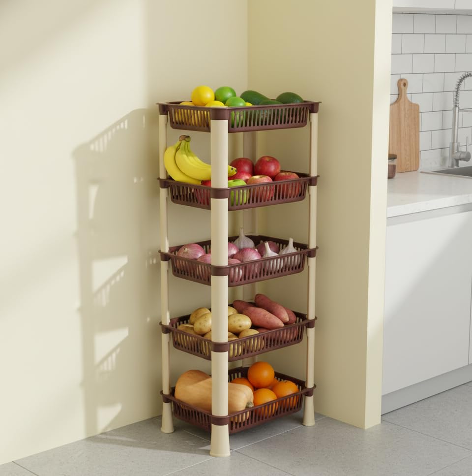 Image of U-Max Multi Tire Kitchen Storage Rack, Plastic Utility Shelf Organiser, Space Saving Storage Solution, Revolving Vegetable Rack (Brown-Regular, 5)