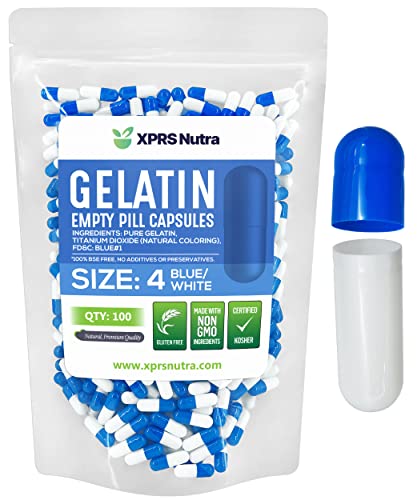 Image of XPRS Nutra Size 4 Empty Capsules - 100 Count Small Empty Gelatin Capsules - Pills DIY Capsule Filling - Fillable Pure Bovine Pill Gel Caps for Do-It-Yourself Supplements (Blue /White)