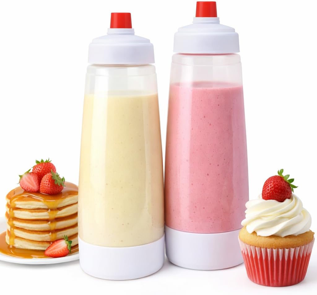 2 Pack Pancake Batter Dispenser - 1000ml Batter Dispenser with Whisk Ball and Stand Base - Waffle Batter Dispenser for Crepes, Cup Cakes and Waffles