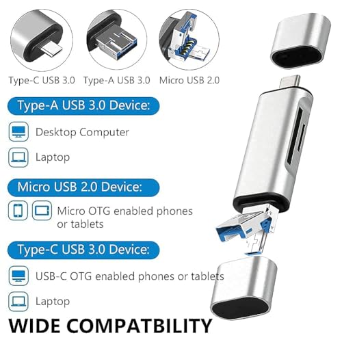 Image of Card Reader 3-in-1 SD, Micro SD, SDXC, SDHC, Micro SDHC, Micro SDXC Memory Card Reader for MacBook PC Tablets Smartphones