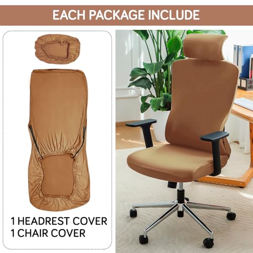 Image of HOKIPO 140 GSM Office Chair Cover with Headrest (High-Back) - 140 GSM Stretch Fabric - Washable, Anti-Slip Fit for Ergonomic Mesh Office Chairs, Caramel Brown (AR-6704-SBRN)
