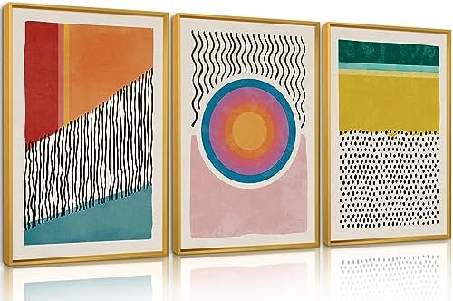 HPINUB Boho Framed Canvas Prints Wall Art Set, Mid-Century Abstra...