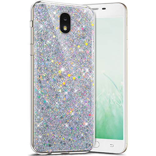 Robinsoni Case Compatible with Samsung Galaxy J7 2018 Cover Flexible Samsung Galaxy J7 2018 Case Silicone Bling Case Soft Silicone TPU Case Glossy Gel Rubber Cover Sparkle Ultra Thin Cover, Silver