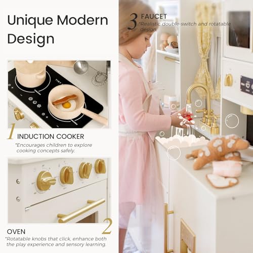 Tiny Land Play Kitchen for Kids, Toy Kitchen Set with Plenty of Play Features, New Modern Kids Wooden Play Kitchen Designed in Trendy Home Style with Curtains, Gift for Ages 3+