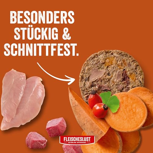 Fleischeslust Hundewurst | Senior Huhn & Rind mit Süßkartoffel, Hagebutte & Ginkgo | Futterbox (6x800g) | Nassfutter | schnittfest | getreidefrei | Alleinfuttermittel für ältere Hunde