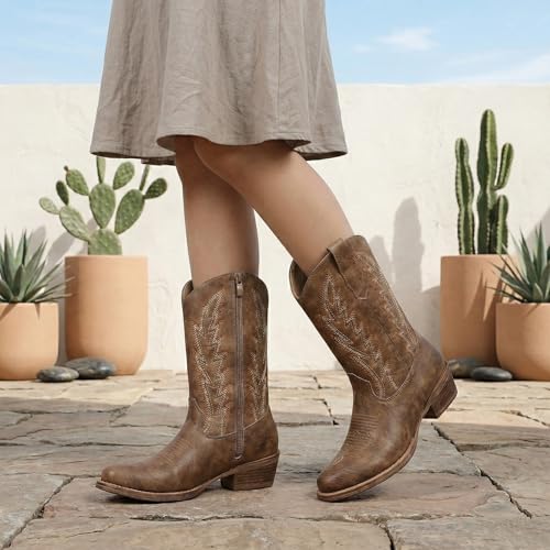 Image of GLOBALWIN Women's Mid Calf The Western Cowgirl Boots Fashion Cowboy Boots For Women Chunky Low Heel