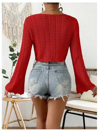 Image of Verdusa Women's Tie Front Crop Cardigan Bell Long Sleeve Scalloped Lightweight Knit Tops Summer Beach Cover Up