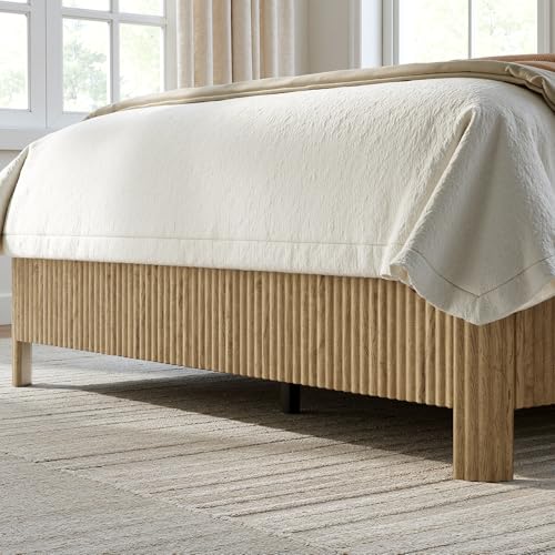 Image of Evermagin Oak King Bed Frame with Headboard, Mid Century Modern Fluted Platform Bed, Boho Wooden Bed Base No Box Spring Needed, Wavy Grooved Panel
