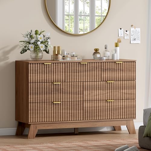 Image of Wodeer 7 Drawer Fluted Dresser for Bedroom, Mid Century Modern Wooden Dresser with 7 Drawers, Dressers & Chests of Drawers with Metal Handle, TV Stand & Storage Organizer for Entryway, Hallway, Walnut