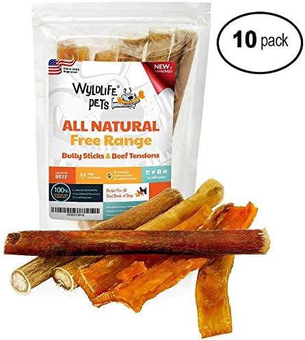 Wyldlife Pets Thick Bully Sticks for Dogs -1 Pack of 3 Bully Stick & 3 Beef Tendons for Dogs Long Lasting Dog Chew Sticks for Dogs