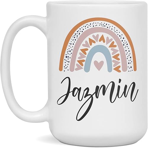 Miniatura 3 de Taza Jazmin con nombre personalizado para niñas, diseño bohemio de arcoíris, 11 onzas, color blanco
