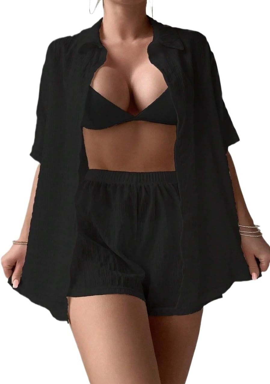 Womens Summer Beach 2pcs Solid Color Short Sleeve Shirt And Shorts Cover-Up Set cover ups for swimwear