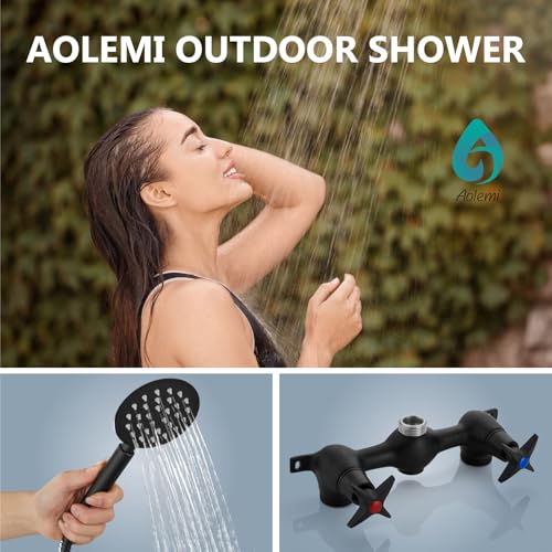 Aolemi Fixture de Ducha Exterior con Ducha de Mano, Agua Caliente y Fría, Negro Mate | Kit de Ducha Exterior con Válvula Central de 6 Pulgadas, Manguera de 59", Ducha de Mano Elevada, Ducha Expuesta de 2 Manijas miniatura 2