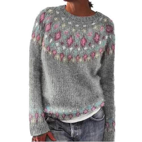 Women's Fair Isle Long Sleeve Crew Neck Knit Sweaters Vintage Chunky Stripedd Sweater Pullover Top for Fall Winter