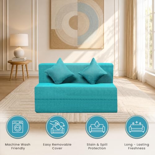 Image of Seventh Heaven Rejioce 2 Seater 4 * 6 Jute Fabric Washable Cover Sofa Cum Bed with 2 Cushions 2 Seater Double Foam Fold Out Sofa Cum Bed (Finish Color - Blue Delivery Condition - Pre-Assembled)