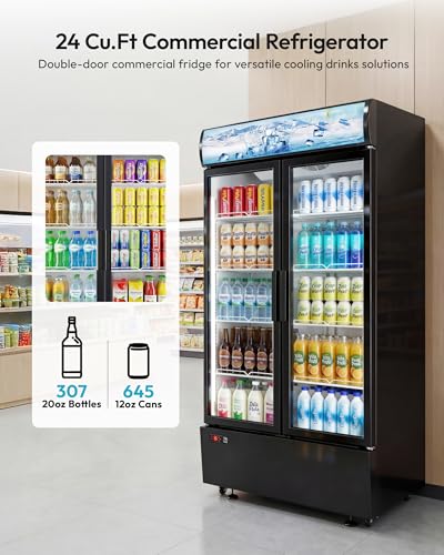 Image of 24 cu.ft Commercial Refrigerators, Beverage Cooler with LED Light, Drink Merchandiser with 8 Adjustable Shelves, 2 Glass Doors, Digital Control, ETL Certified