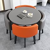 Runder Küchentisch und Stühle, Set für 4 Personen, kleiner Esszimmer-Konferenztisch mit Marmorimitat und grau-orangen Stühlen