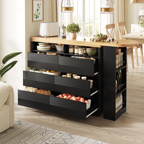 FammyLoft Mesa de bar plegable con seis cajones, mesa de bar cocina con espacio de almacenamiento, moderna mesa de bar móvil, mesa alta, isla de cocina, encimera de cocina, mesa alta (137-215 x 39 x